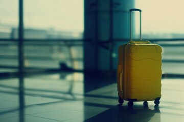 A liquidfilled yellow glass bottle sits on the airport floor - 737695833