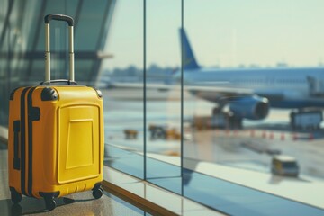 a yellow suitcase is sitting in front of a window at an airport - 737696043
