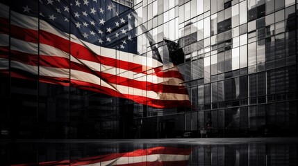 Reflection of American Flag in Glass Building