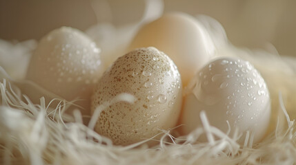 Natural Duck Eggs Nestled in Soft Feathers, Dew Drops, Organic Food Concept, Subtle Beige Palette, Fresh Morning Dew