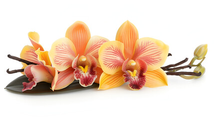 Fototapeta na wymiar Vanilla Orchid Blooms and Pods Isolated on White, Fragrance Ingredient Concept, Yellow and Red Hues, Culinary and Perfumery Use