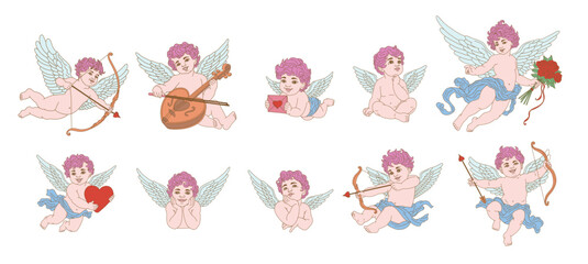 Vintage cherub for valentines day, Isolated cupid baby greek statues, retro little angels collection	,isolated on white background