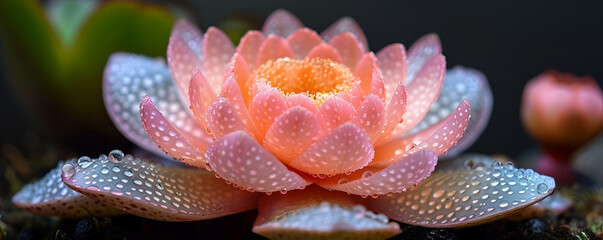 Dew-Kissed Pink Lotus, Ultra Detailed Exotic Bloom, Serenity and Purity Concept, Macro Photography, Freshness and Tranquility