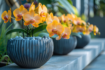 "Vibrant Yellow Orchids in Striped Planters, Elegant Home Decoration, Fresh Botanical Arrangement, Exquisite Floral Design