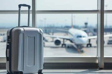 a suitcase is sitting in front of a window at an airport - 737696444