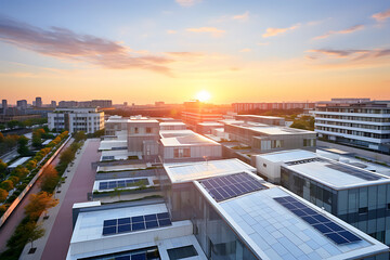Solar panels on the roof of a modern office building with a beautiful sunset