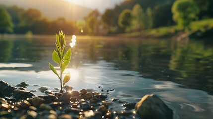 Close-up of a willow tree sprouting by the lake and the sunlight shining on the lake surface - obrazy, fototapety, plakaty