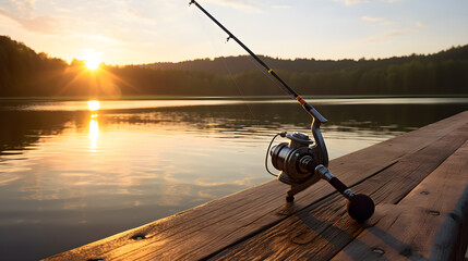 Serene Morning Fishing: Engaging with Nature's Splendor through a High-Quality Fishing Rod by the Lakeside - obrazy, fototapety, plakaty