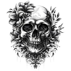 A skull with flower sketch outline tattoo design black and white illustration on white background.