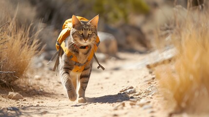 Traveler cat hiking on the mountain
