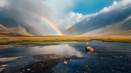 A vibrant rainbow arches over a serene lake in nature