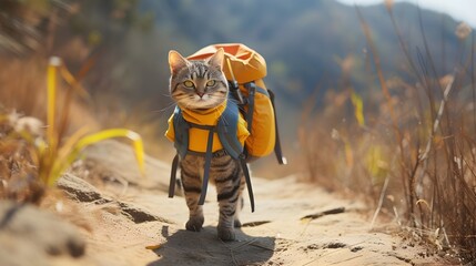 Traveler cat hiking on the mountain