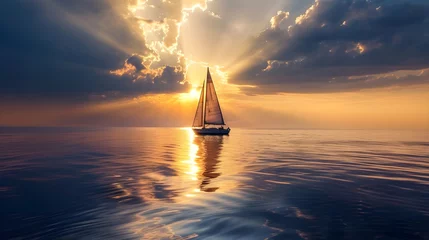 Deurstickers A sailboat at sunset in the sea landscape wallpaper photography.  © Alice a.
