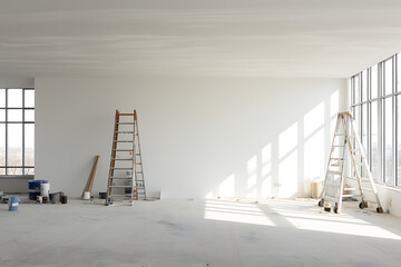 Interior of a room with a ladder and a wall under construction