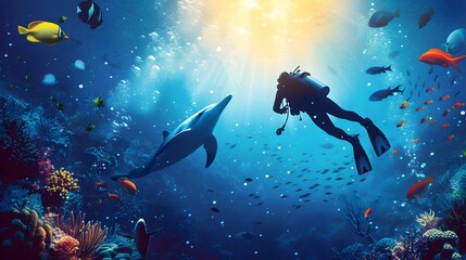 A scuba diver in the sea underwater with fishes in the ocean. Generative AI