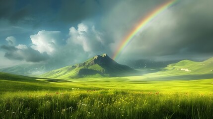 A beautiful rainbow in nature landscape on the mountain land field photography. Generative AI