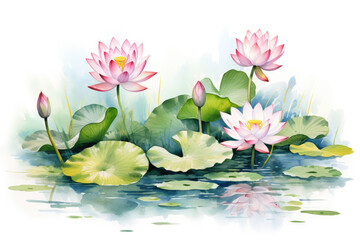 collection of soft watercolor lily pads and lotus flowers