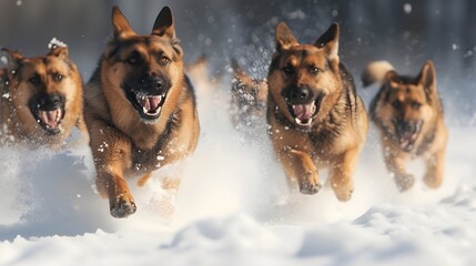 A german shepherds running in the snow. Generative AI - obrazy, fototapety, plakaty