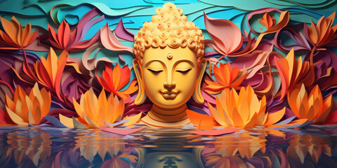 glowing colorful light golden buddha face, colorful lotus flowers and leaves, nature background
