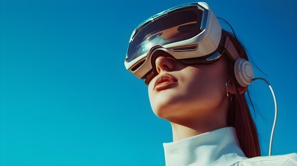A fashion woman outdoors wearing VR glasses that have a bulky computer attached that is connected with wires to the sunglasses