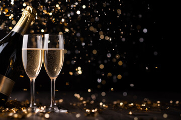 two Champagne glasses with gold glitter. celebration and party concept. with copy space.	
