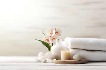 Spa still life with orchid flower and candles an towel on wooden background