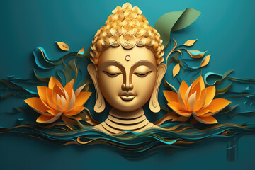 glowing colorful light golden buddha face, colorful lotus flowers and leaves, nature background, paper cut