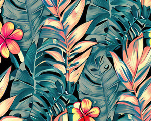 Tropical leaves and flower hand-drawn seamless background
