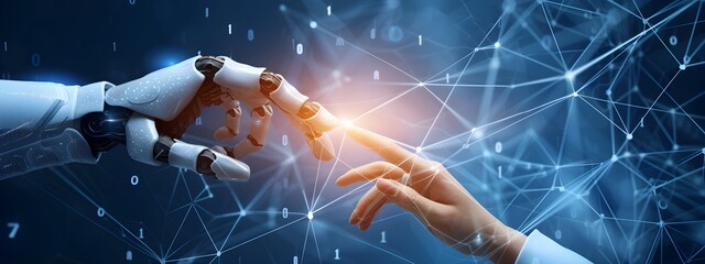 Hands of robot and human touching on big data network connection, Data exchange, deep learning, Science and artificial intelligence technology, innovation of futuristic. Generative AI