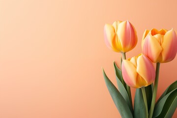 a flat lay orange bouquet of tulips on a orange background with copy space.