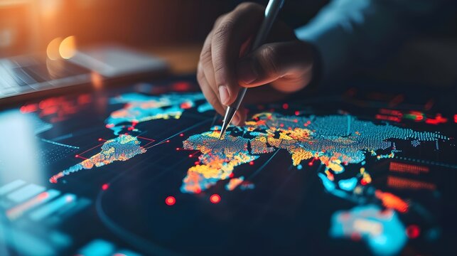 A Businessman hold a pen point to world map circuit board, blending creativity with technology. Generative AI