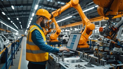 Manager engineer check and control automation robot arms machine in intelligent factory industrial on real time monitoring system software. Welding robotics and digital manufacturing operation