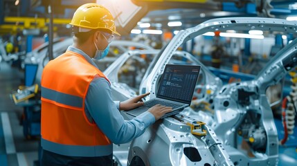 Manager engineer check and control automation robot arms machine in intelligent factory industrial on real time monitoring system software. Welding robotics and digital manufacturing operation