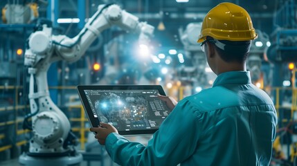 Manager engineer check and control automation robot arms machine in intelligent factory industrial on real time monitoring system software. Welding robotics and digital manufacturing operation