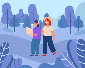 Two girls with map walking in forest vector illustration. Off beaten path destinations, hiking, leisure activities, friendship concept