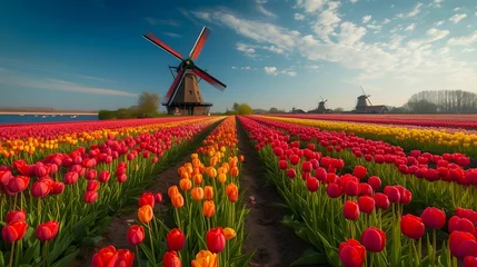 Fotobehang A vibrant tulip field with wind mill landscape wallpaper background. Generative AI © Alice a.
