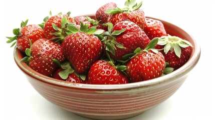 A bowl filled with ripe strawberries on clean white background