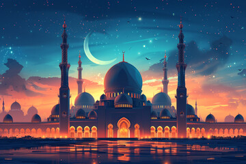 Twilight scene of an ornate mosque under a starry sky with a crescent moon, symbolizing Ramadan or Islamic celebrations. - obrazy, fototapety, plakaty
