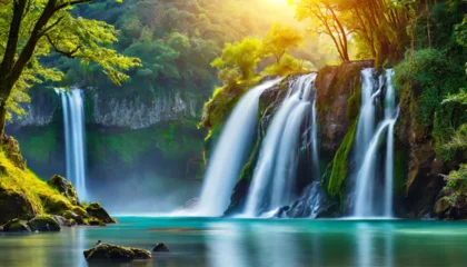  waterfall from the mountains, green forest, bright sunny day in nature, beautiful natural landscape © Daniel Amevor
