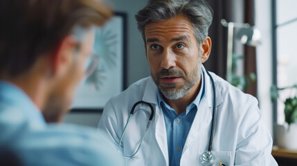 A focused male doctor in a white coat attentively listening to a patient during a medical consultation in a modern clinic. - obrazy, fototapety, plakaty