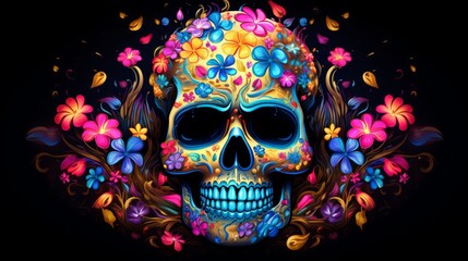 Colored neon skull on a black background. Neural network AI generated art