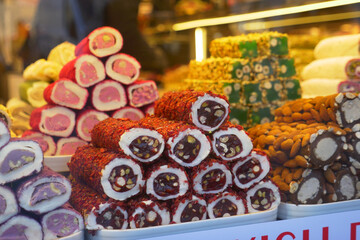 Turkish traditional sweet Turkish delight sold in the market
