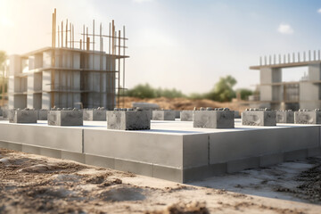 Obraz premium Concrete columns on construction site with blue sky background, construction concept