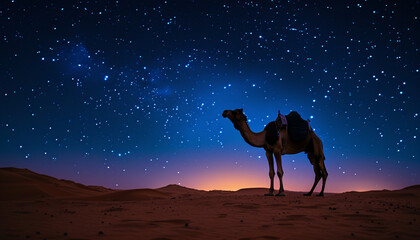 Silhouette of a camel against a starry night sky in the desert, suitable for Ramadan and travel themes.