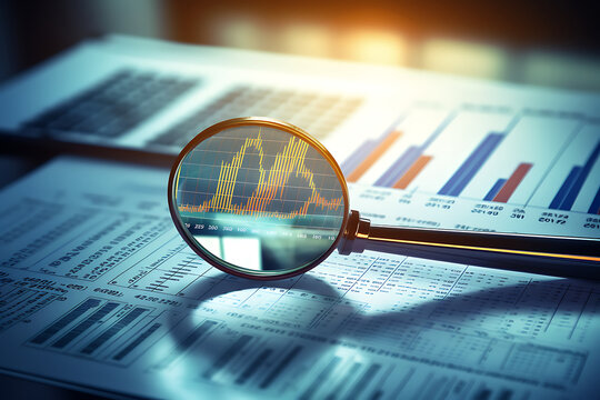 Magnifying glass over financial charts and graphs. 3d rendering.