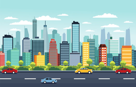 Traffic Road in City Building Cityscape Flat Design