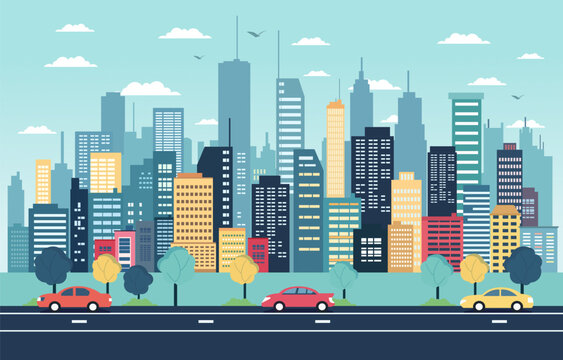 Traffic Road in City with Skyscrapers Landscape Flat Design Illustration