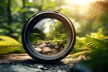 Camera lens on nature background with reflection. Close-up view.