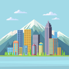 Skyscrapers Building with Mountain View in Bright Day Flat Design