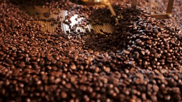 High quality specialty coffee roaster. Slow motion shot.
